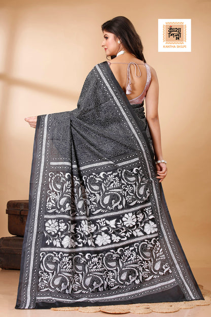 Bangalore Silk Single Thread Work Kantha Stitch Saree