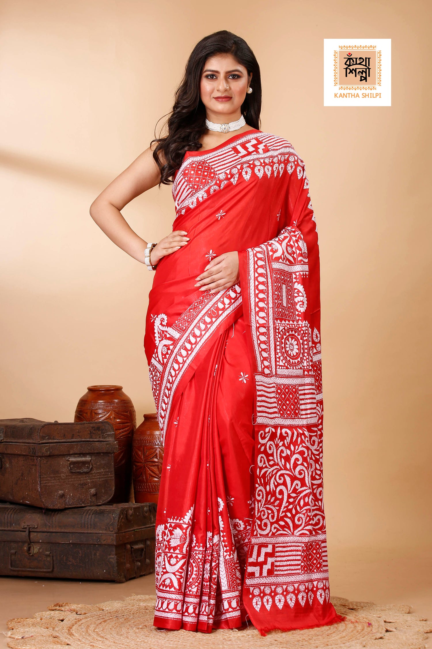 Bangalore Silk Single Thread Work Kantha Stitch Saree