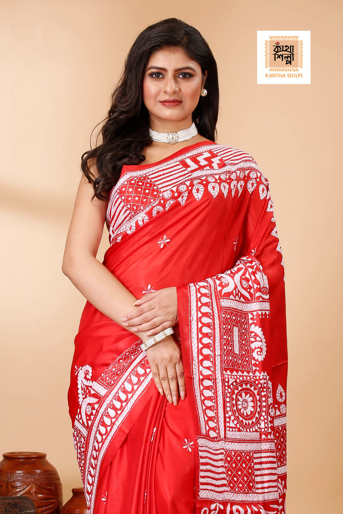 Bangalore Silk Single Thread Work Kantha Stitch Saree