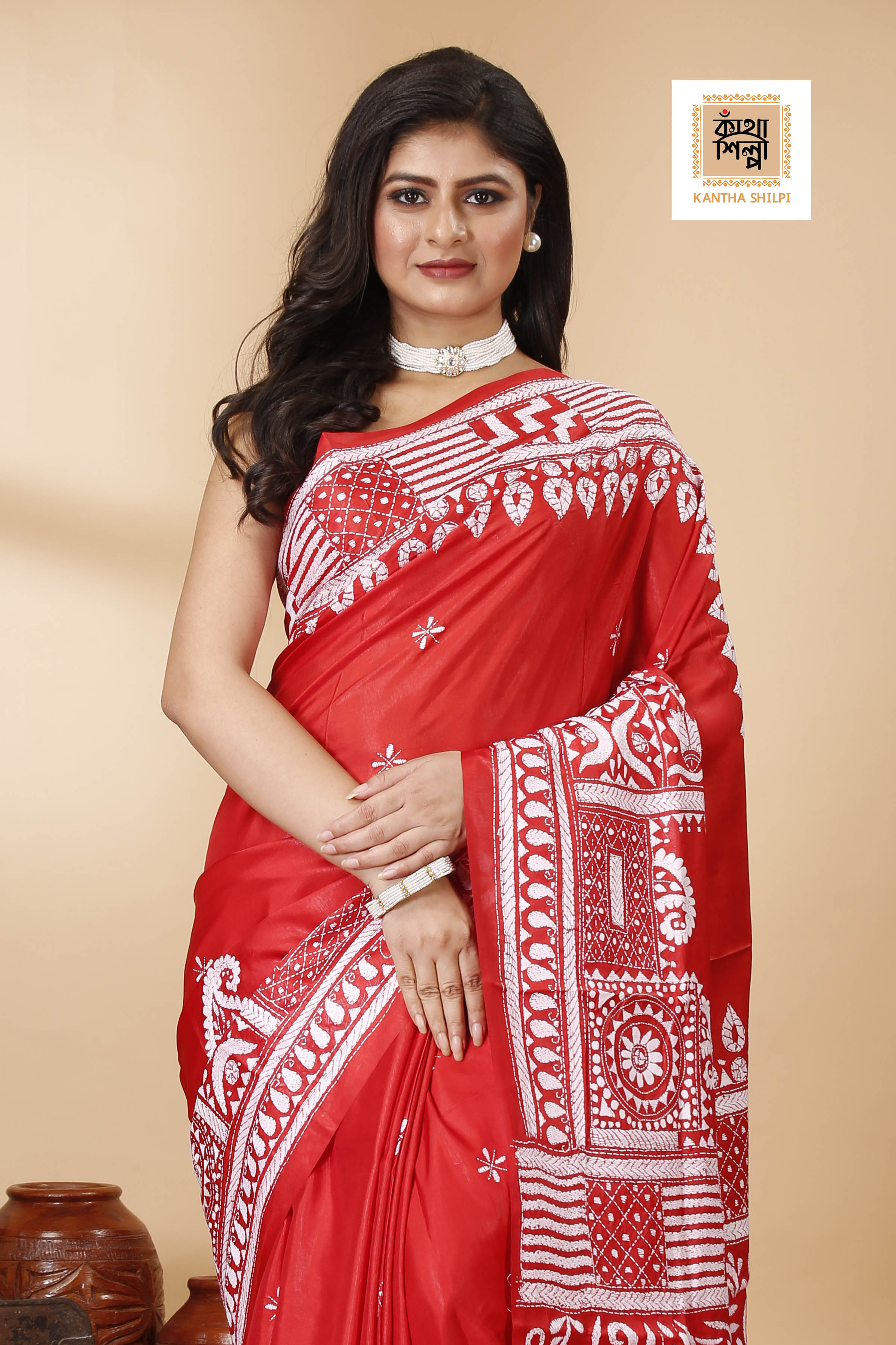 Bangalore Silk Single Thread Work Kantha Stitch Saree