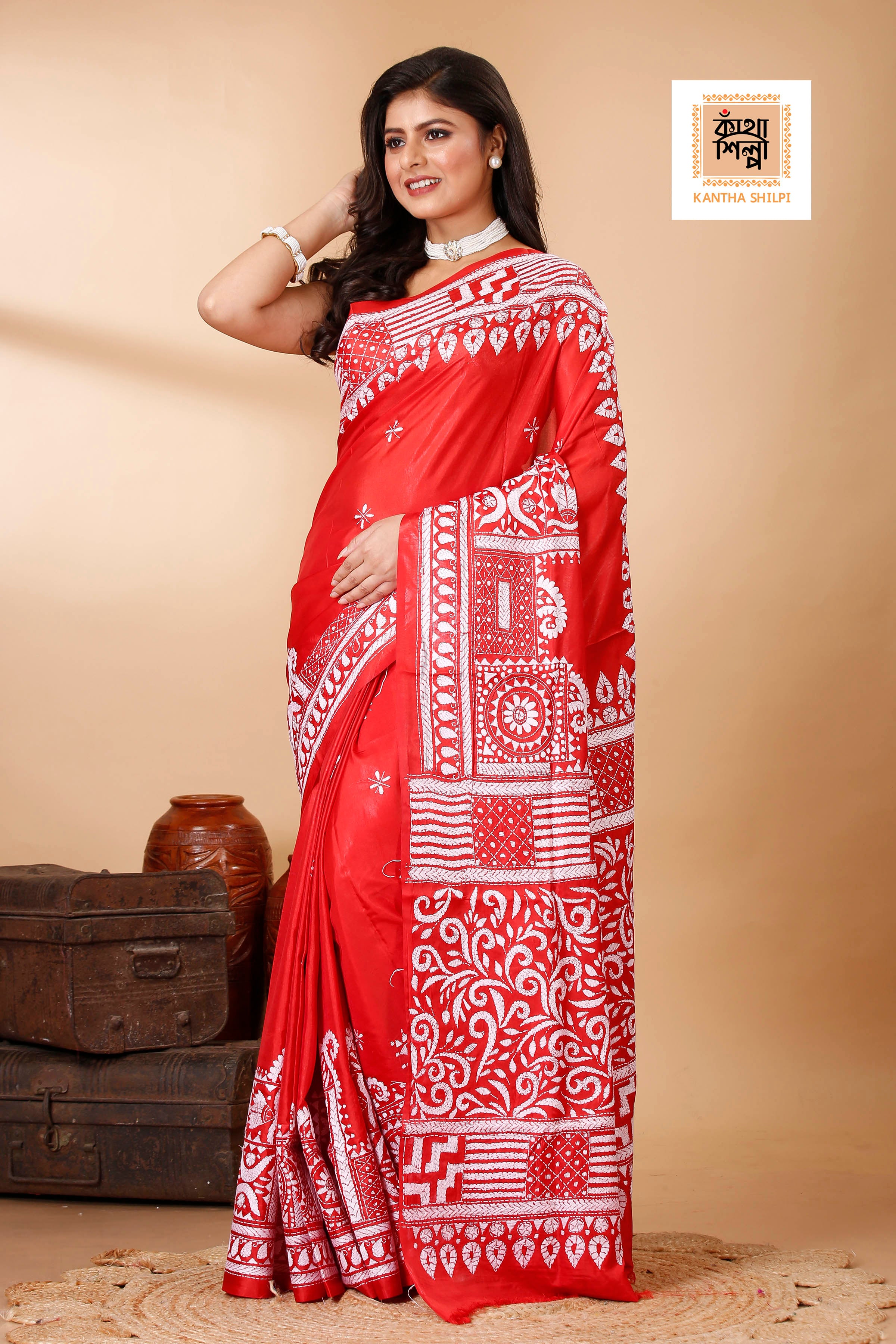 Bangalore Silk Single Thread Work Kantha Stitch Saree
