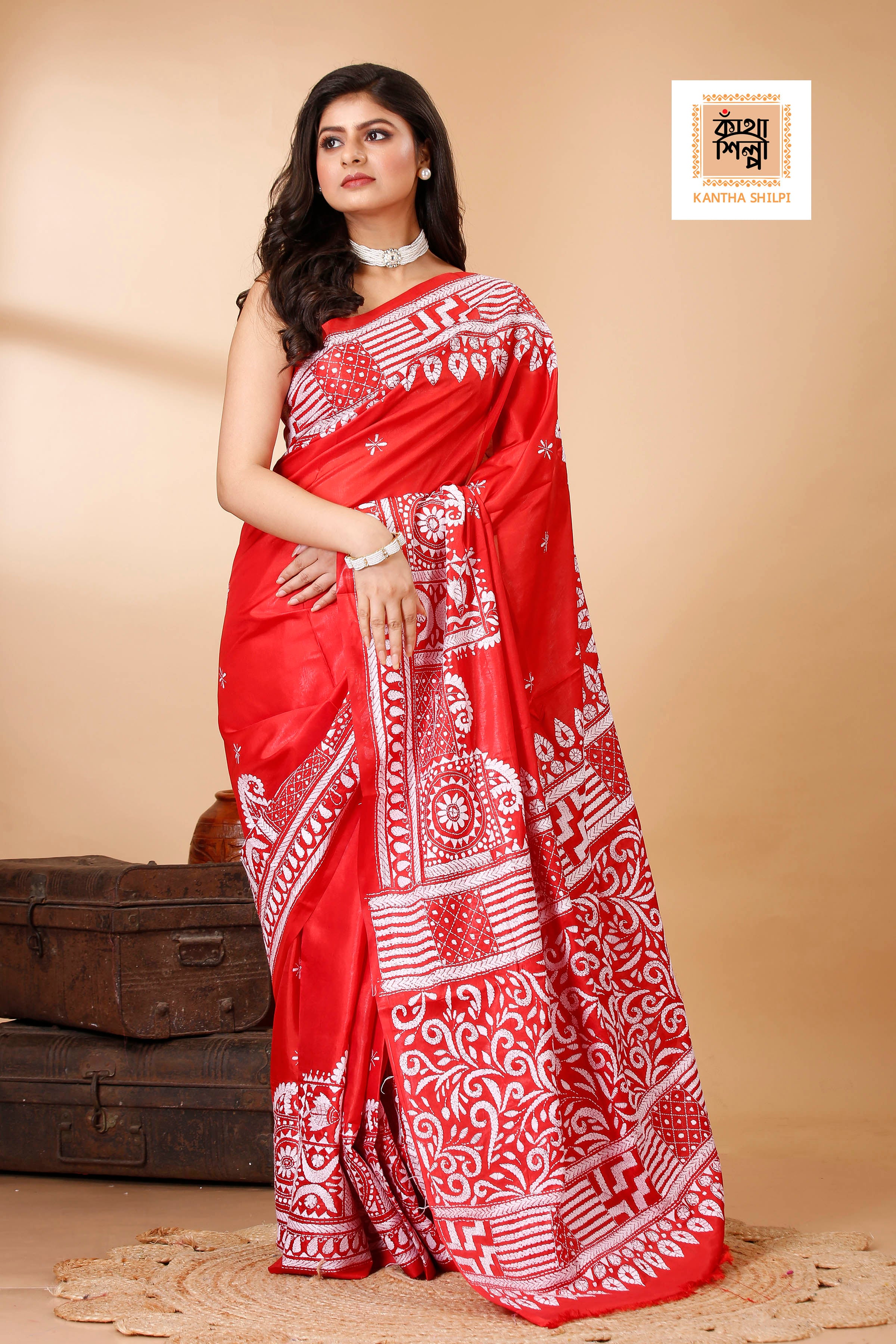 Bangalore Silk Single Thread Work Kantha Stitch Saree