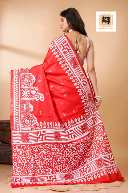 Bangalore Silk Single Thread Work Kantha Stitch Saree