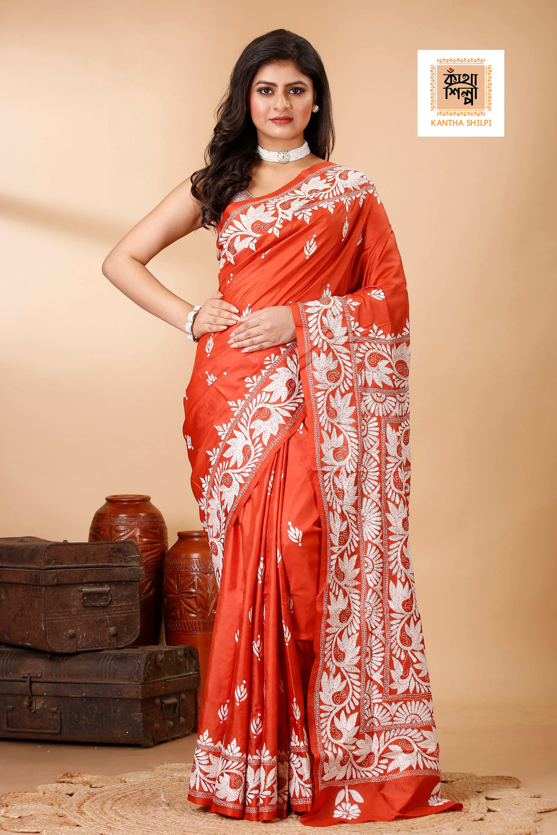 Rust Pure Bangalore Silk White Color Thread Work Floral Design Kantha Stitch Saree