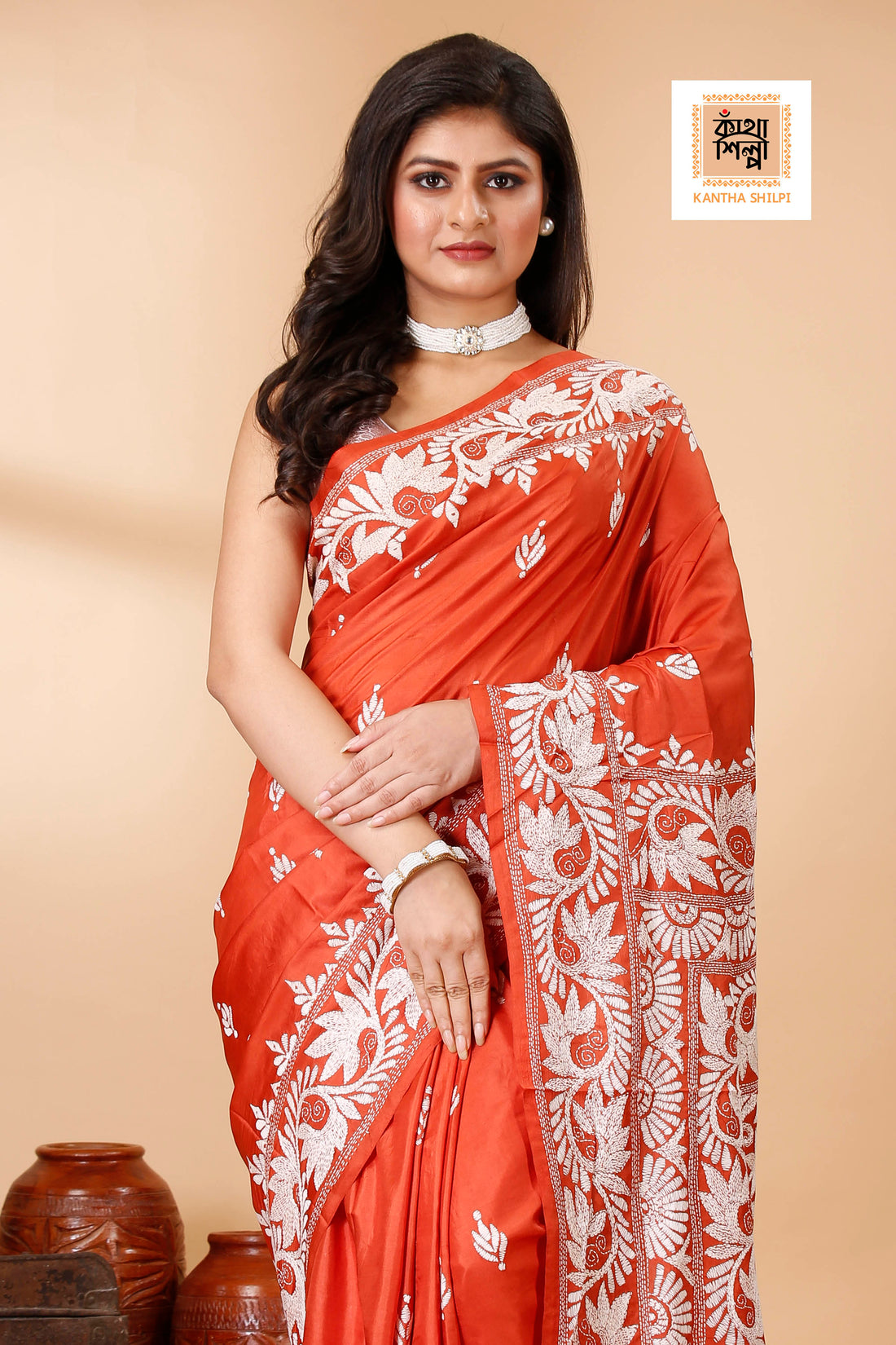 Rust Pure Bangalore Silk White Color Thread Work Floral Design Kantha Stitch Saree