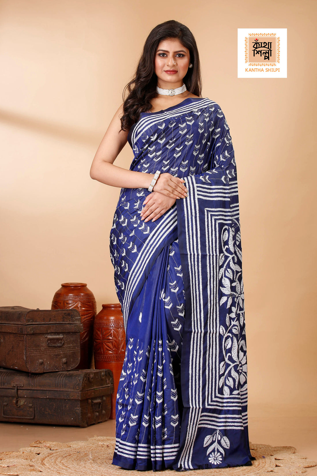 Bangalore Silk Single Thread Work Floral Motif Kantha Stitch Saree