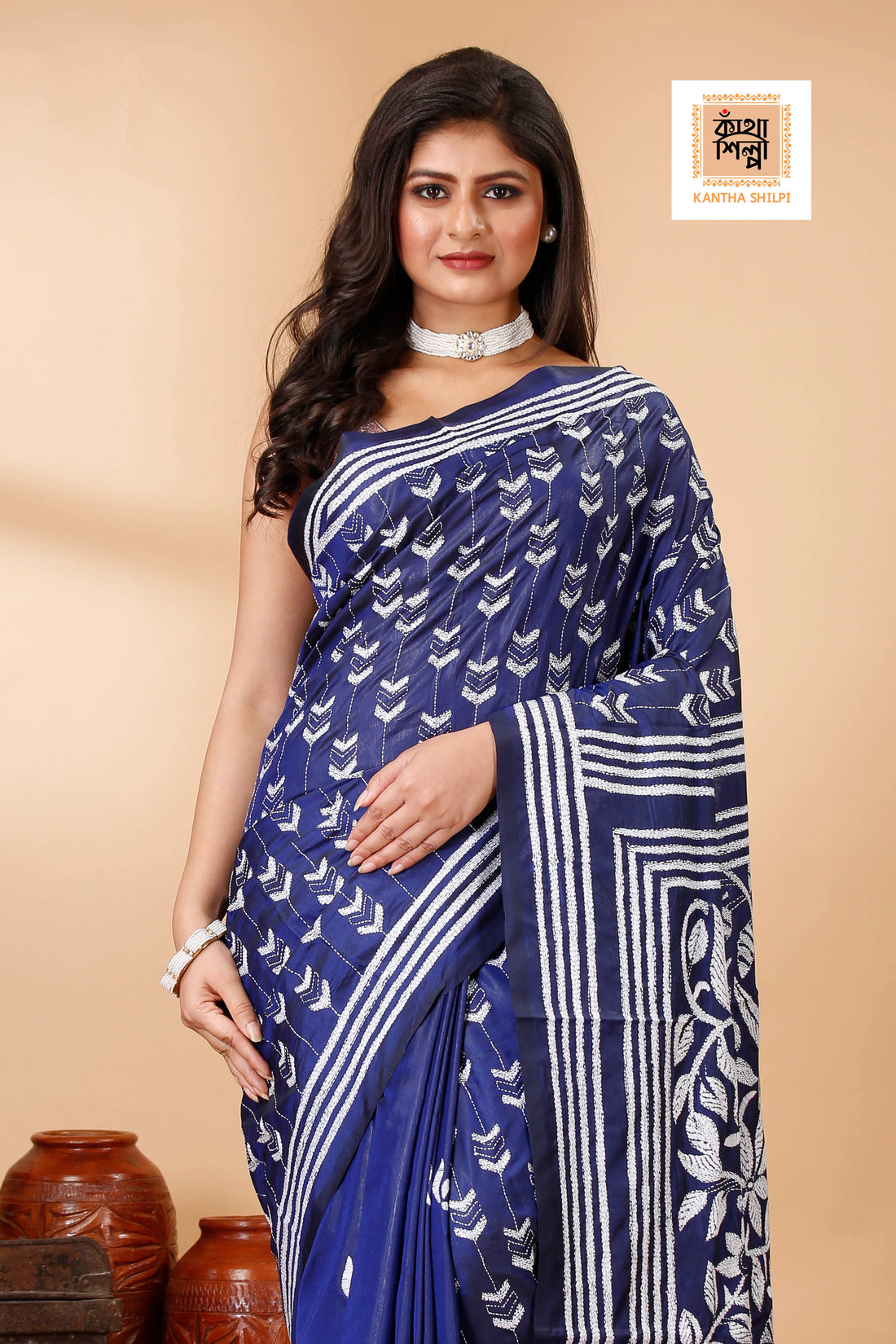 Bangalore Silk Single Thread Work Floral Motif Kantha Stitch Saree