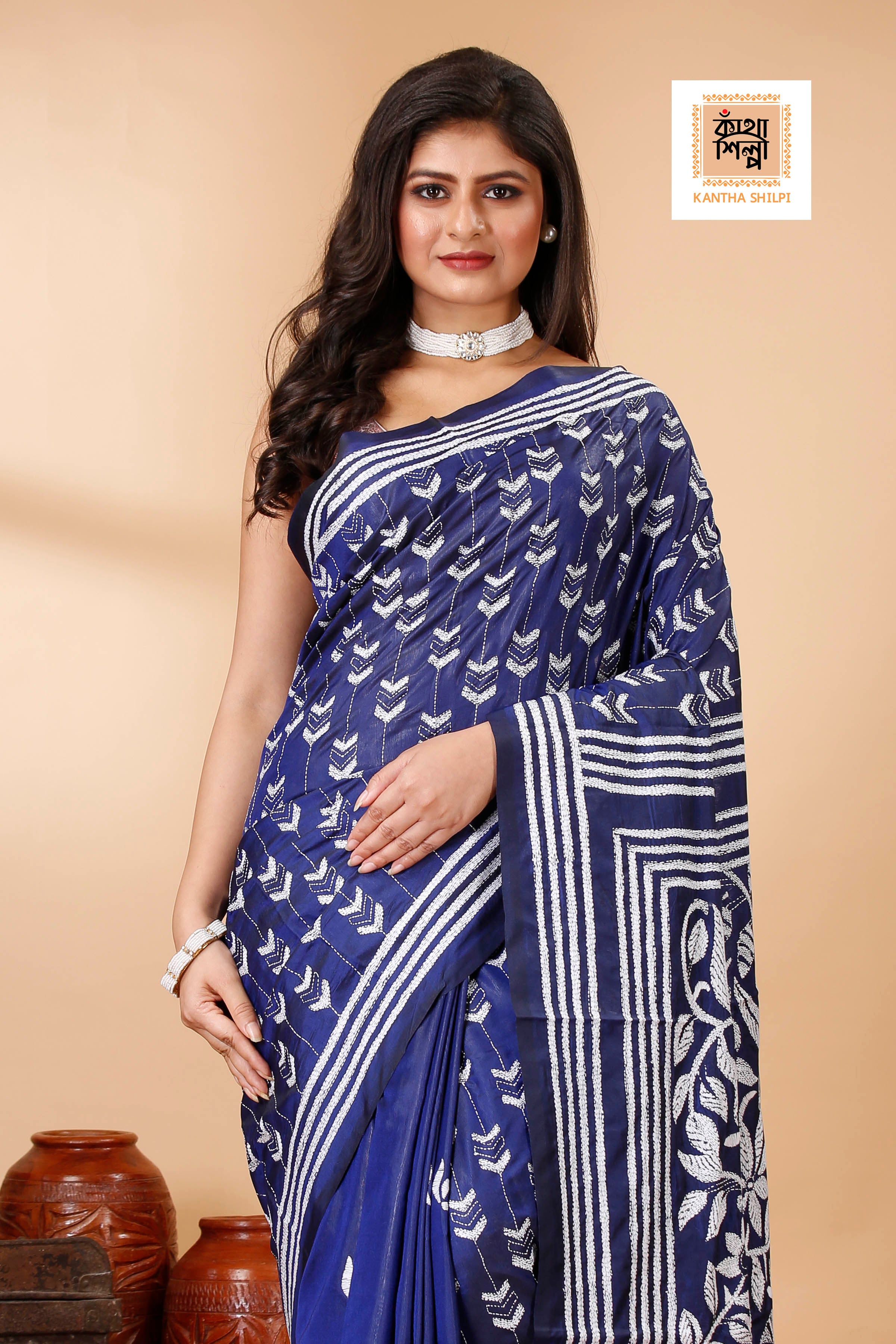 Bangalore Silk Single Thread Work Floral Motif Kantha Stitch Saree
