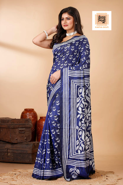 Bangalore Silk Single Thread Work Floral Motif Kantha Stitch Saree