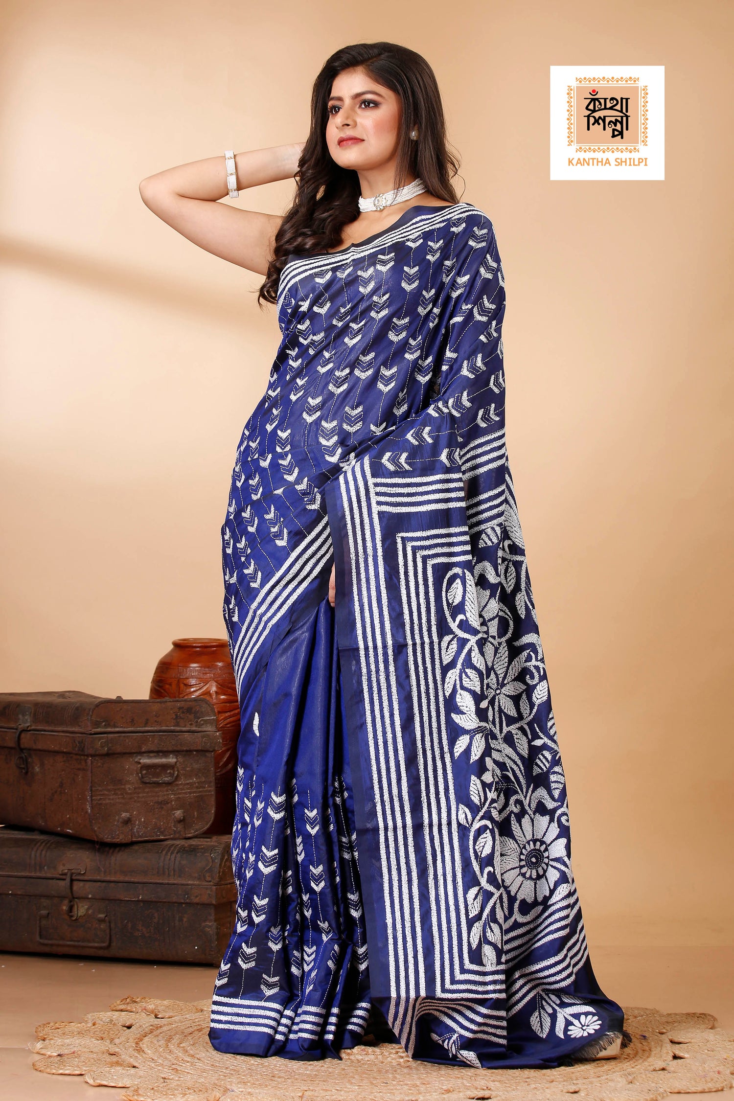Bangalore Silk Single Thread Work Floral Motif Kantha Stitch Saree