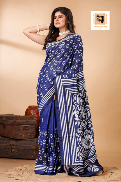 Bangalore Silk Single Thread Work Floral Motif Kantha Stitch Saree