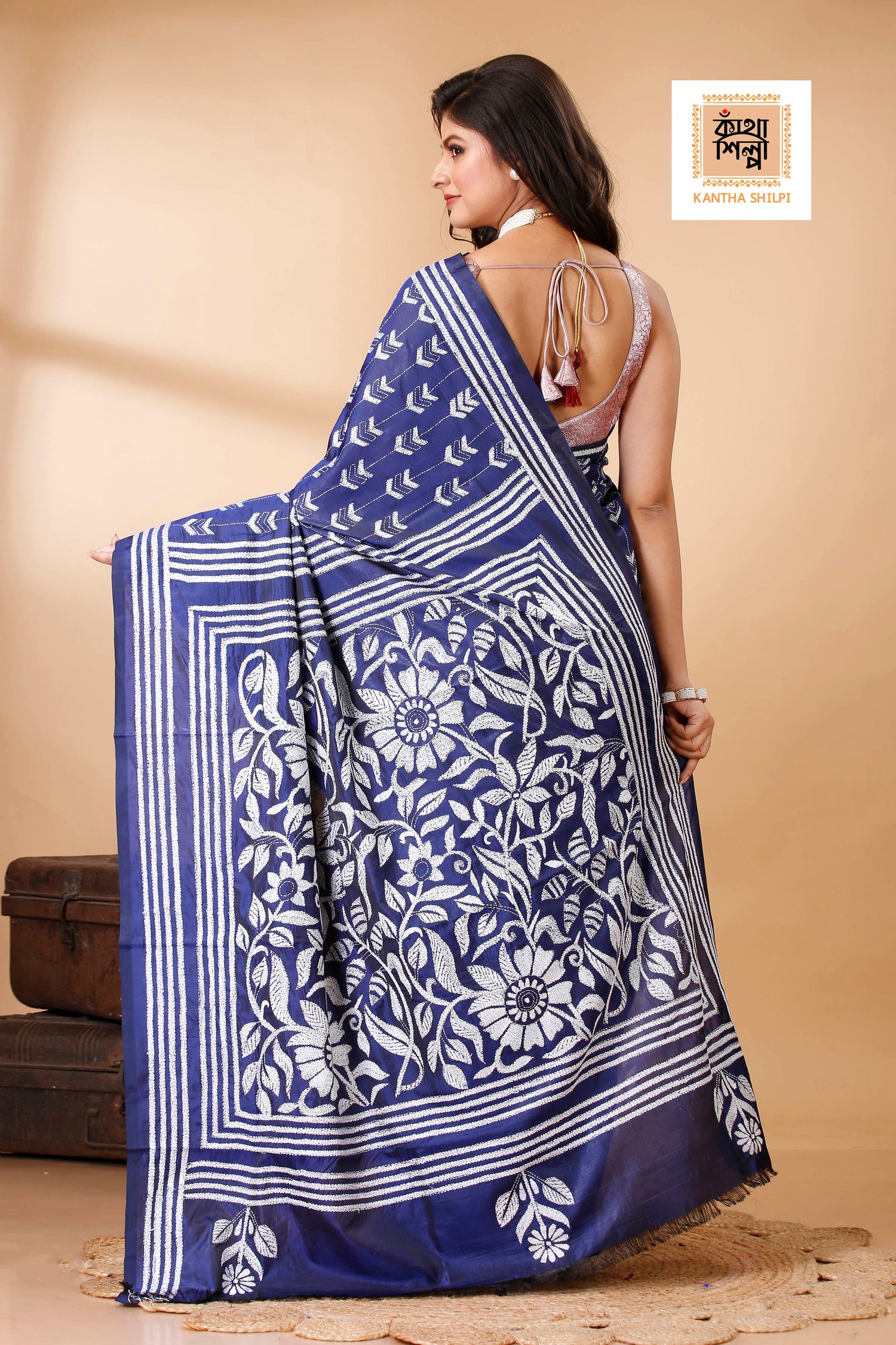 Bangalore Silk Single Thread Work Floral Motif Kantha Stitch Saree