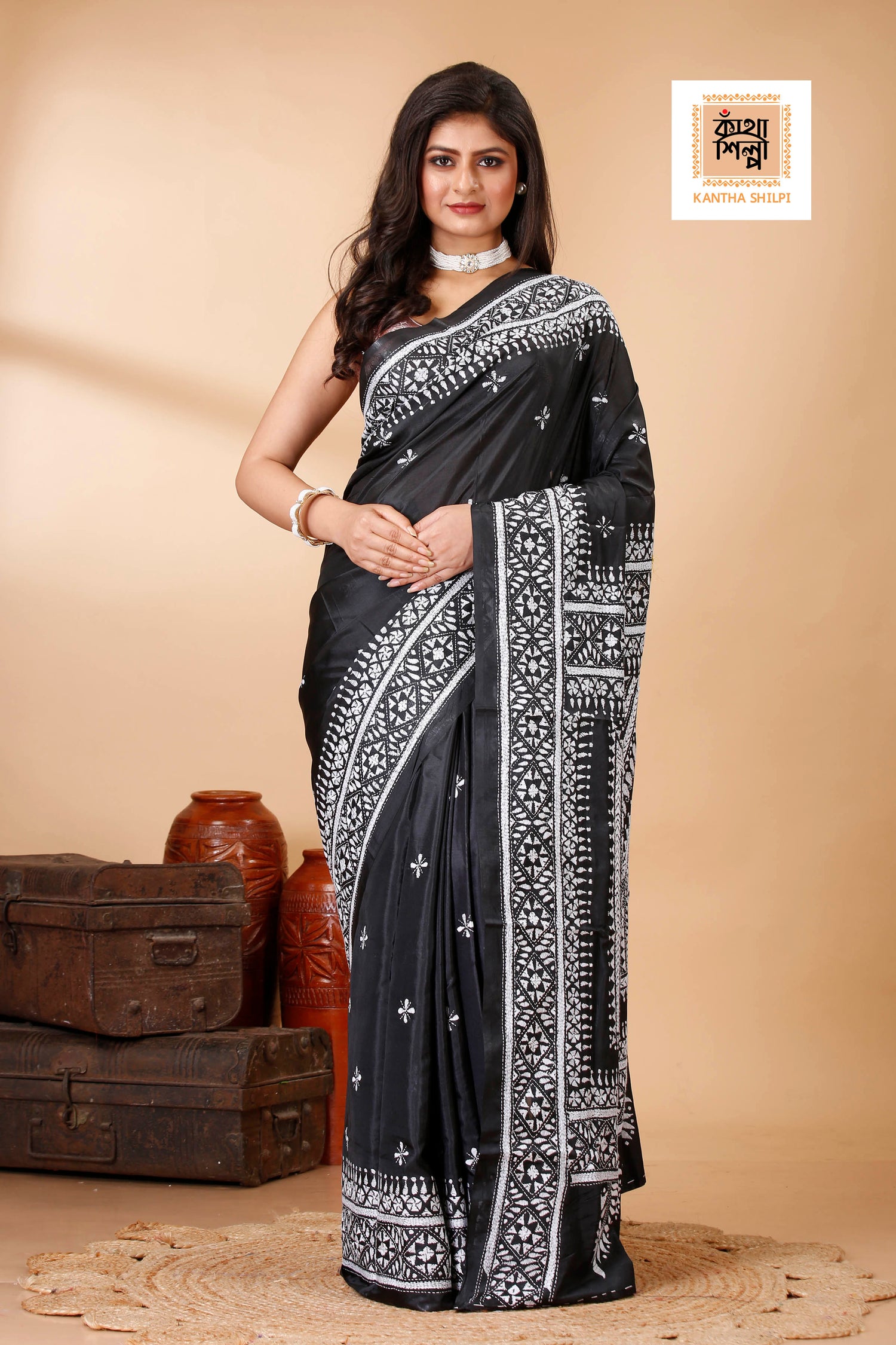 Bangalore Silk Single Thread Work Geometric Desing Kantha Stitch Saree