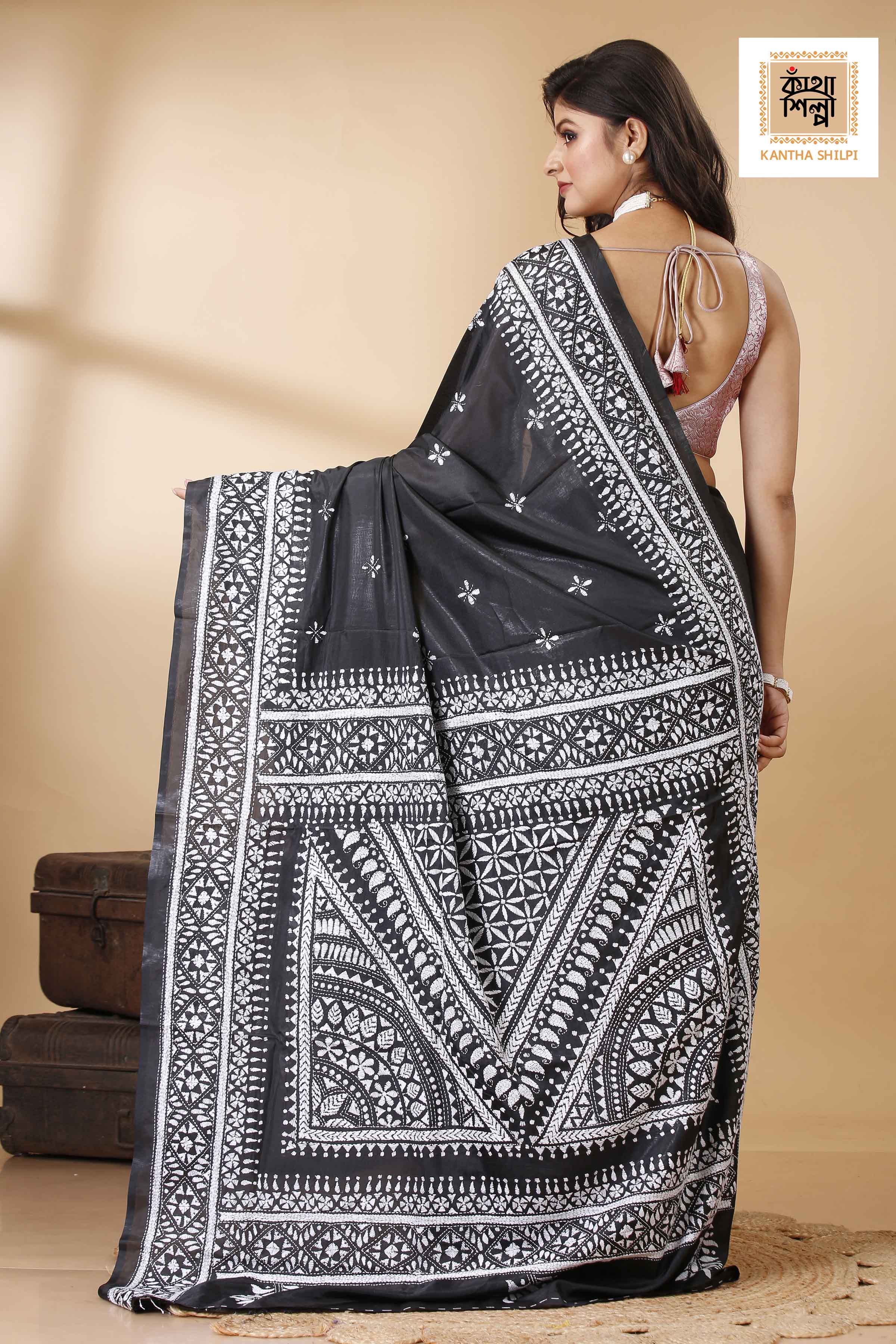 Bangalore Silk Single Thread Work Geometric Desing Kantha Stitch Saree