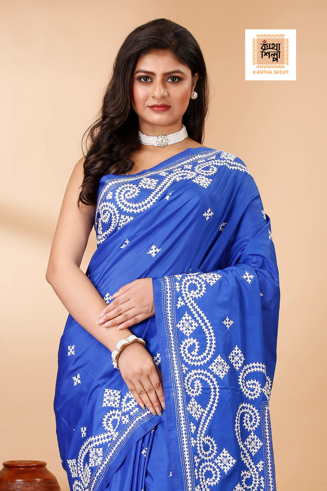 Butter Silk White Thread Work Gujrati Stitch Saree