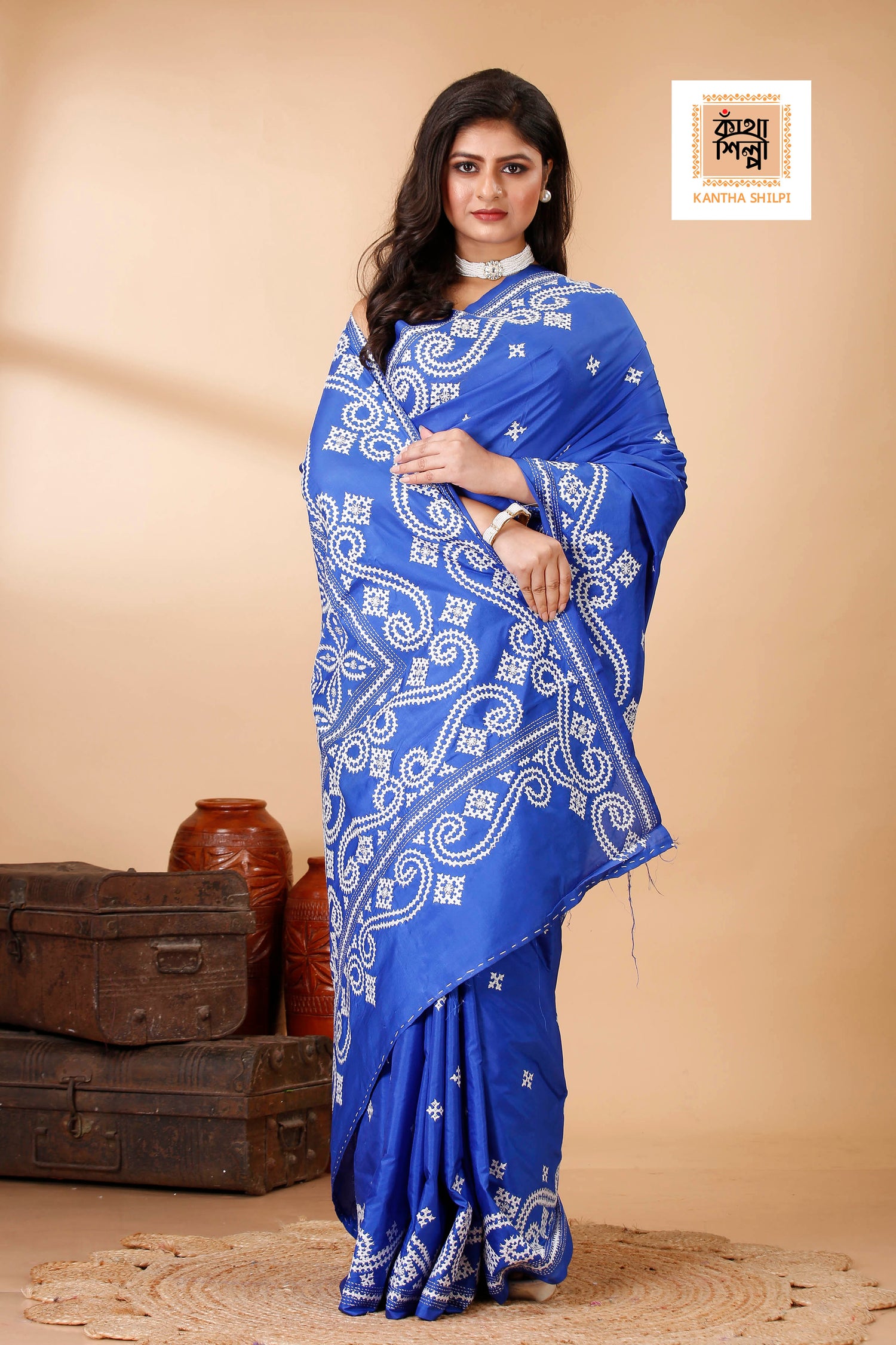 Butter Silk White Thread Work Gujrati Stitch Saree