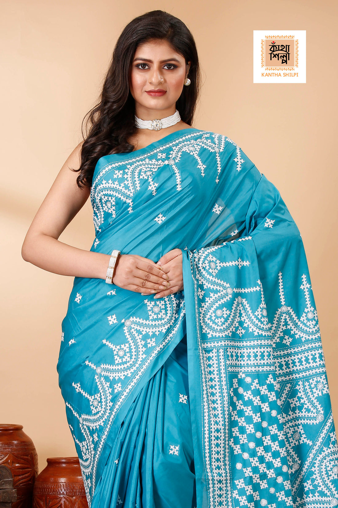 Butter Silk White Thread Work Gujrati Stitch Saree