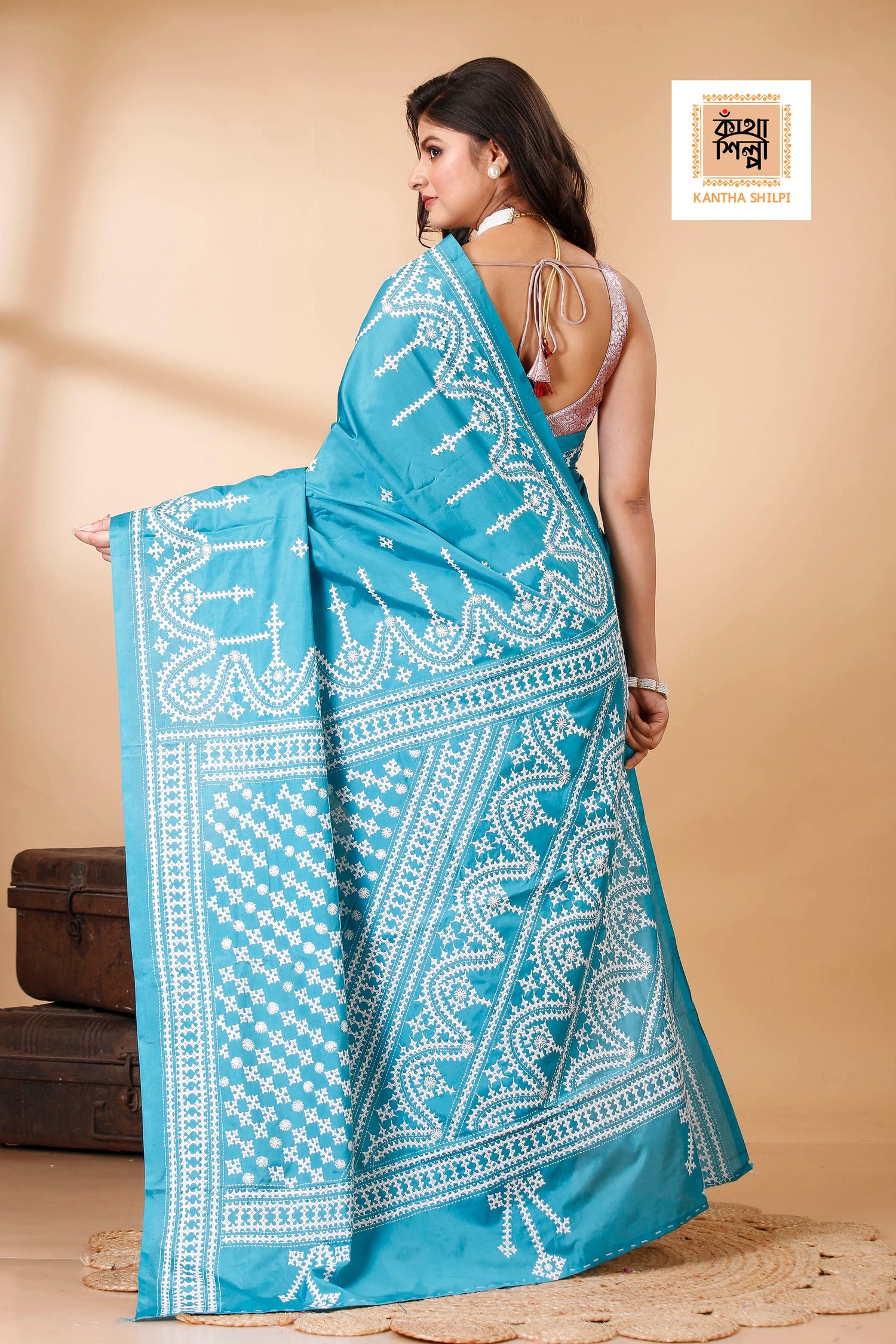 Butter Silk White Thread Work Gujrati Stitch Saree