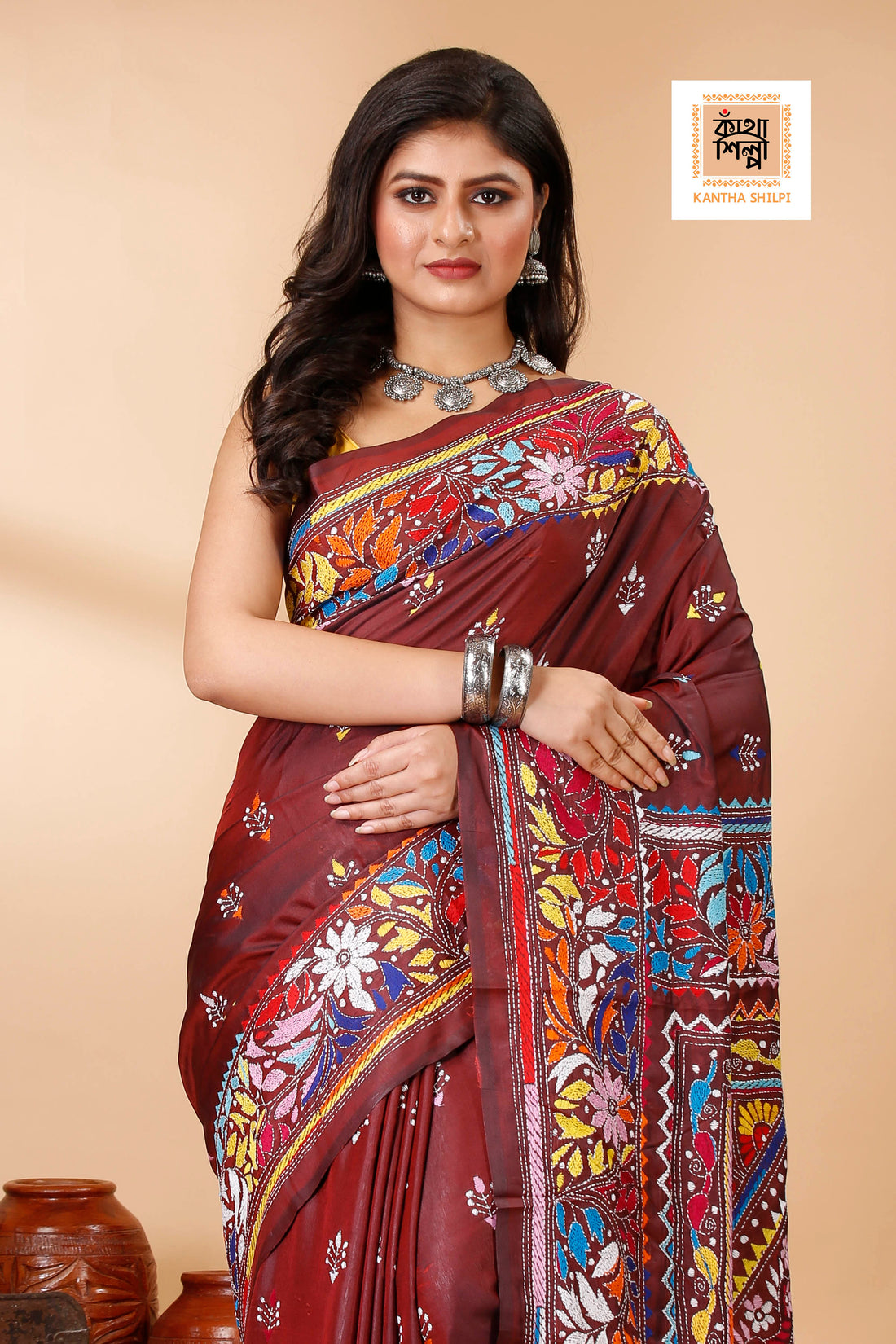Bangalore Silk Multicolor Thread Work Kantha Stitch Saree