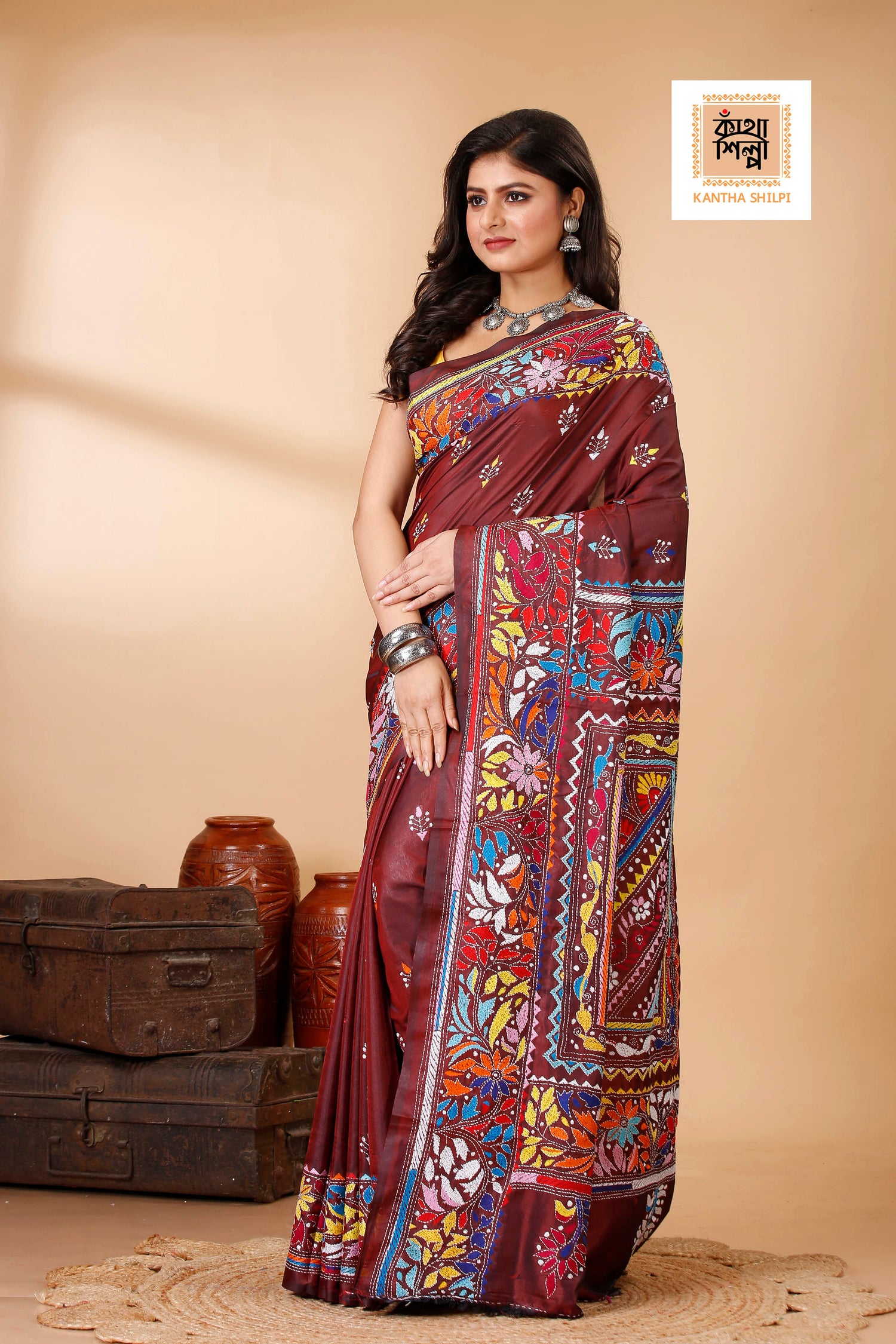Bangalore Silk Multicolor Thread Work Kantha Stitch Saree