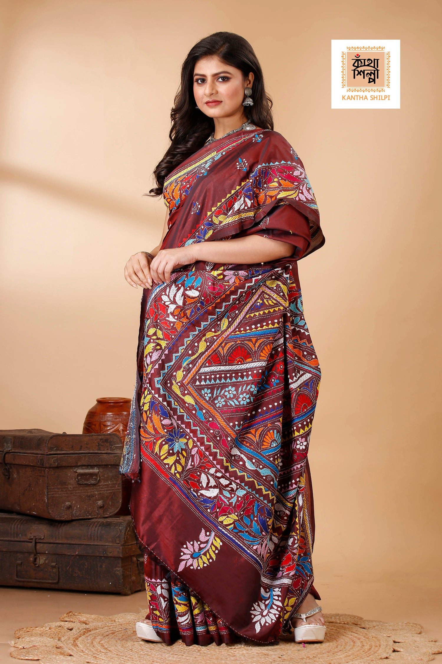 Bangalore Silk Multicolor Thread Work Kantha Stitch Saree