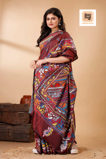 Bangalore Silk Multicolor Thread Work Kantha Stitch Saree