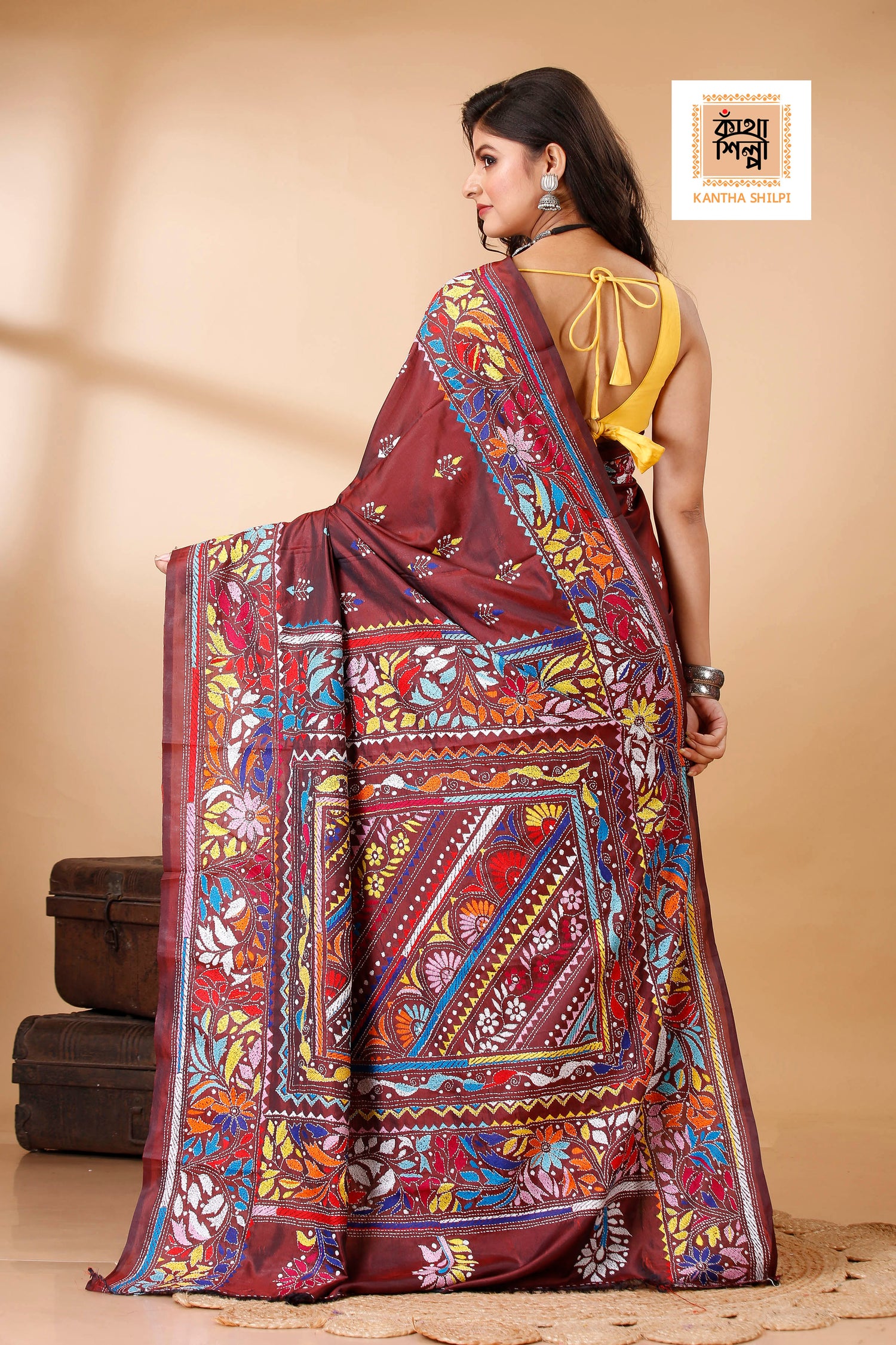 Bangalore Silk Multicolor Thread Work Kantha Stitch Saree
