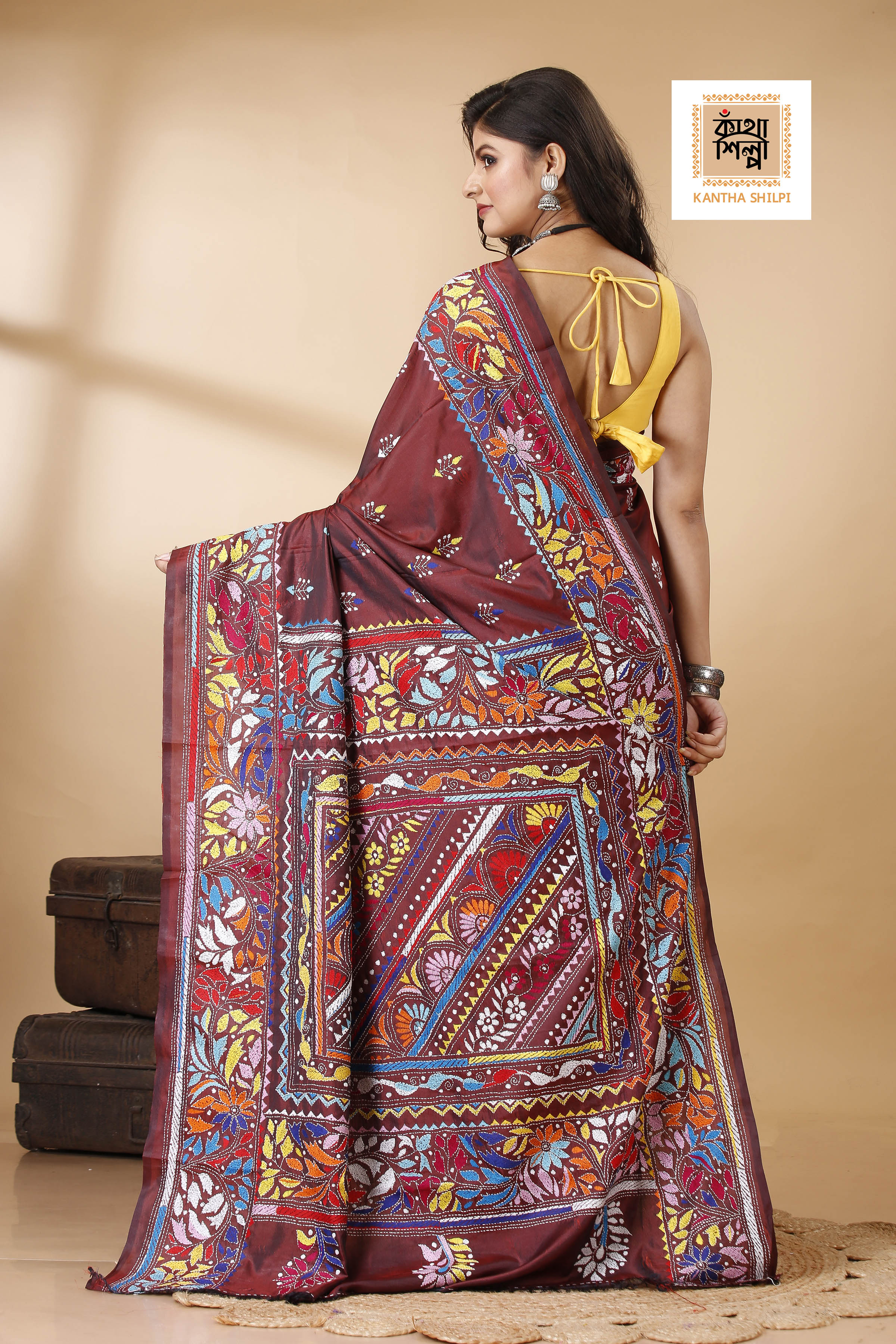 Bangalore Silk Multicolor Thread Work Kantha Stitch Saree