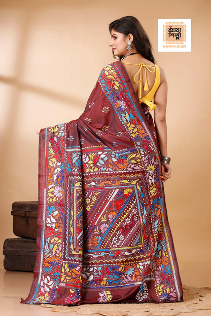 Bangalore Silk Multicolor Thread Work Kantha Stitch Saree