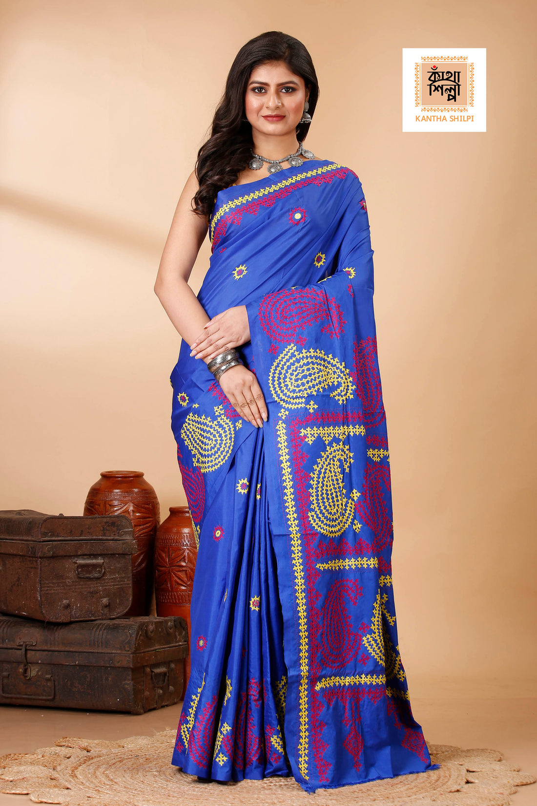 Butter Silk Yellow and Marron Thread Work Gujrati Stitch Saree