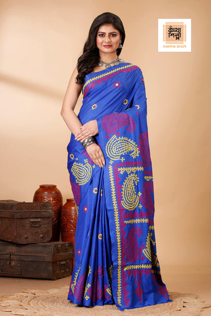 Butter Silk Yellow and Marron Thread Work Gujrati Stitch Saree