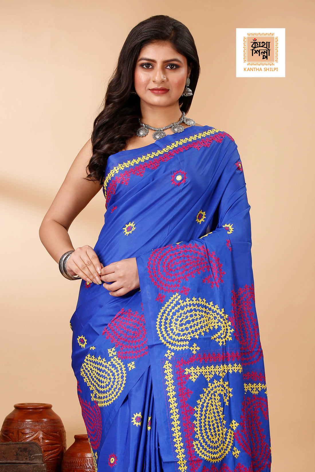 Butter Silk Yellow and Marron Thread Work Gujrati Stitch Saree