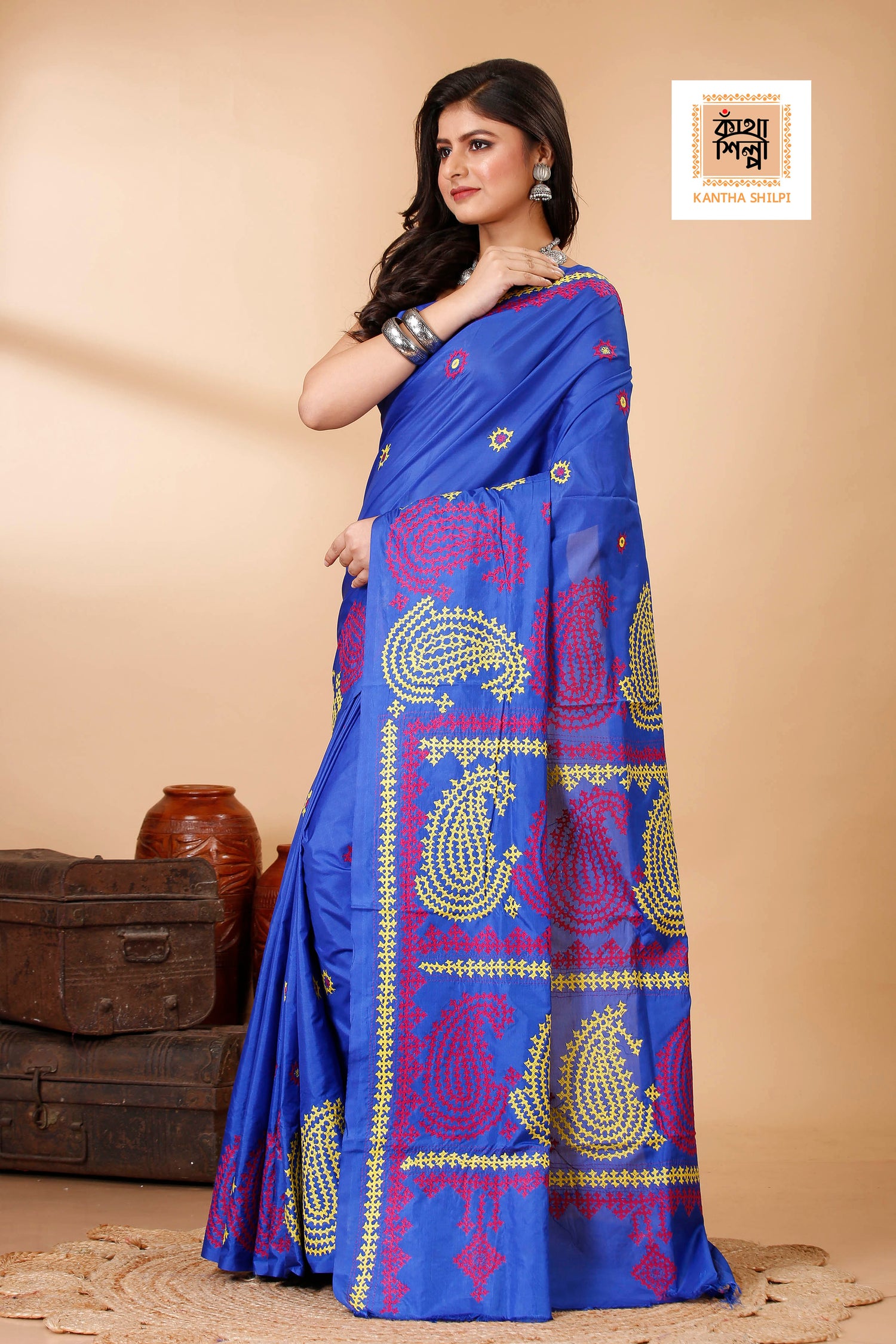 Butter Silk Yellow and Marron Thread Work Gujrati Stitch Saree