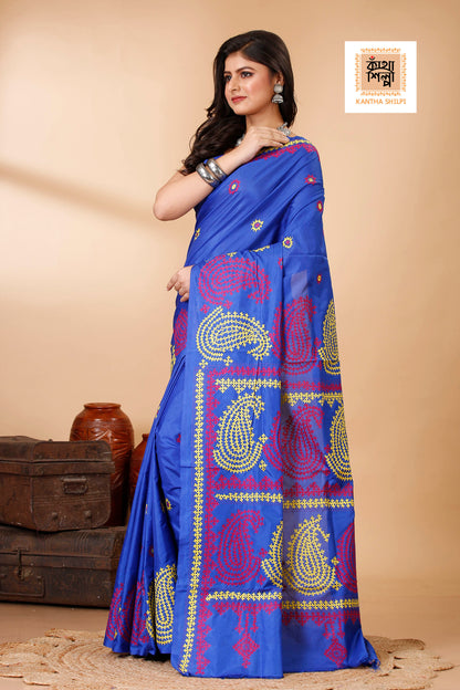 Butter Silk Yellow and Marron Thread Work Gujrati Stitch Saree