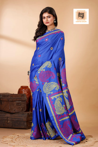 Butter Silk Yellow and Marron Thread Work Gujrati Stitch Saree