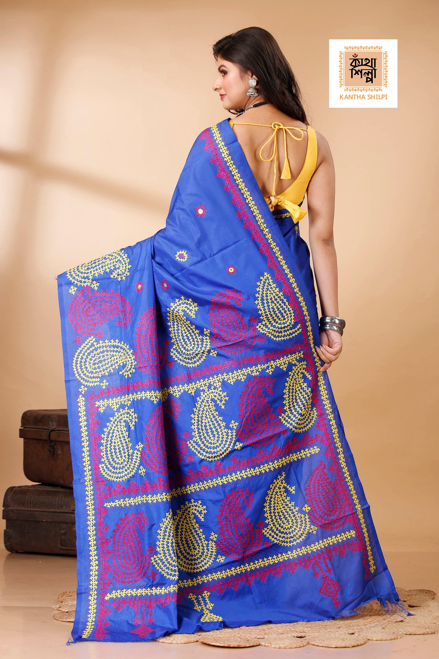 Butter Silk Yellow and Marron Thread Work Gujrati Stitch Saree