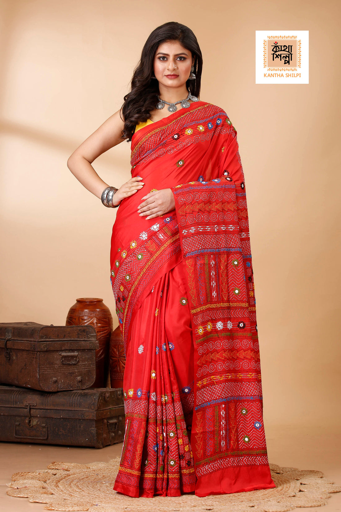 Bangalore Silk Multicolor Thread Work Kantha Stitch Saree