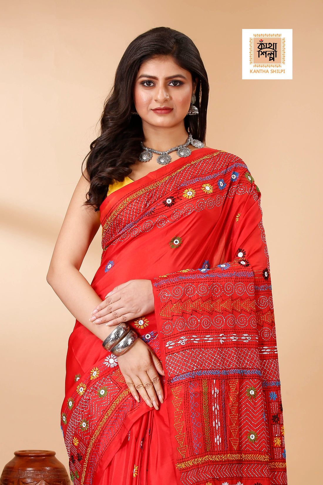 Bangalore Silk Multicolor Thread Work Kantha Stitch Saree