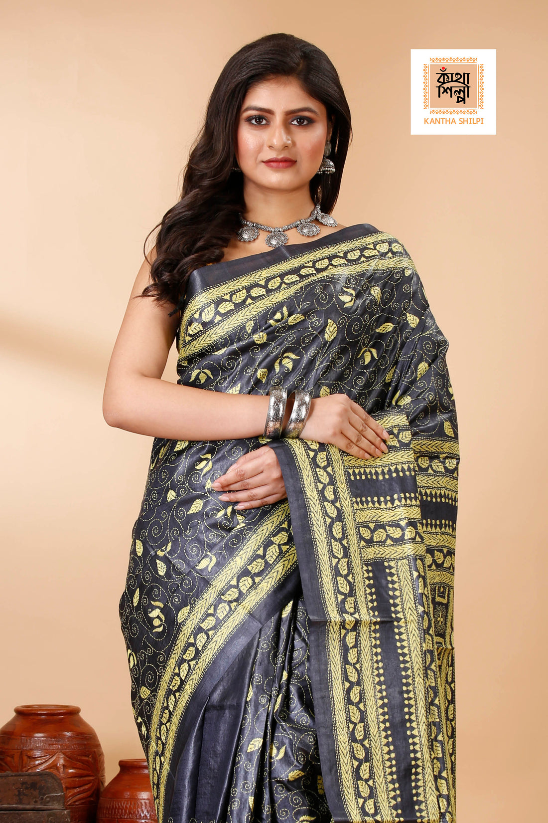 Black Color Dye Tussar Yellow Color Thread Work Floral Motif Kantha Stitch Saree