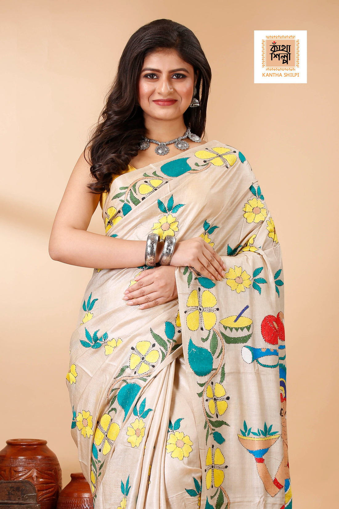 Gachi Tussar Multicolor Thread Work Lord Ganesha and Floral Design Kantha Stitch Saree