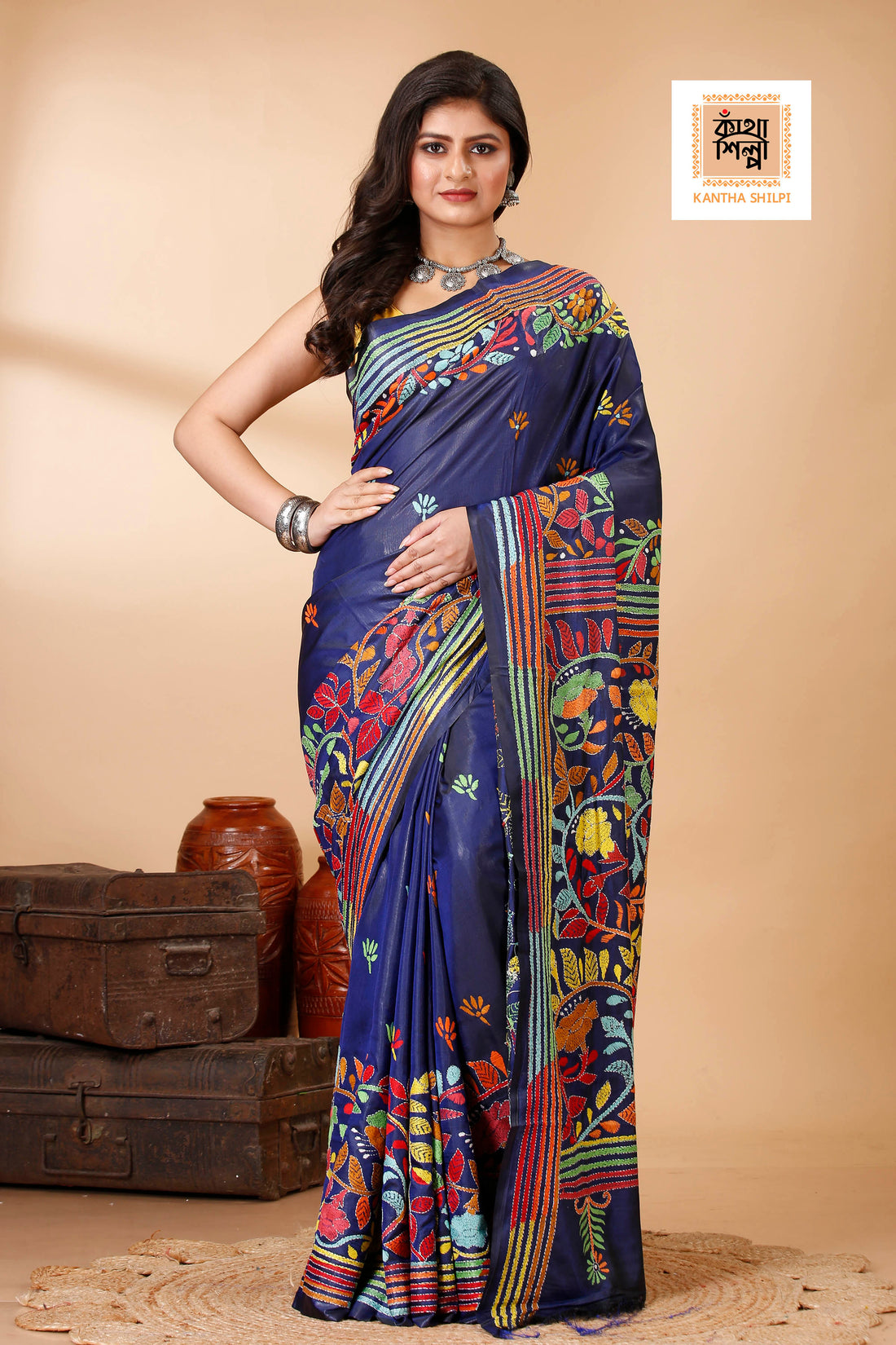 Bangalore Silk Multicolor Thread Work Floral Motif Kantha Stitch Saree