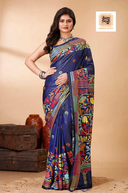 Bangalore Silk Multicolor Thread Work Floral Motif Kantha Stitch Saree