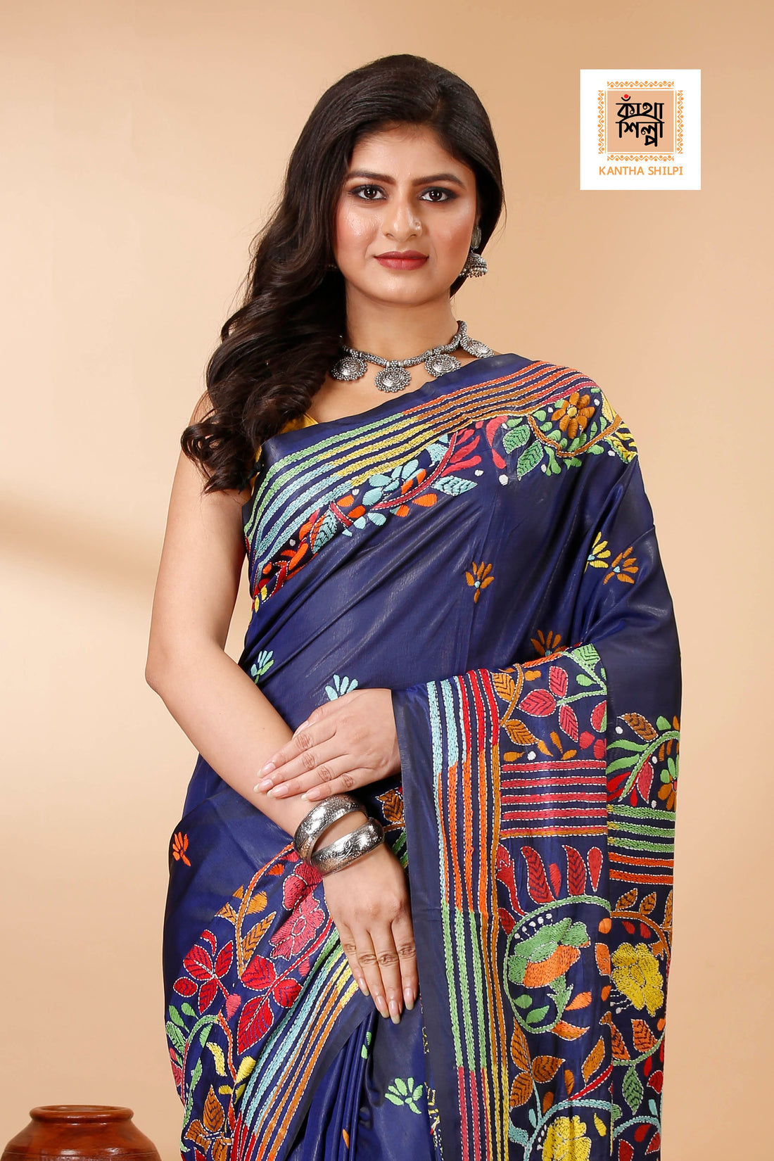 Bangalore Silk Multicolor Thread Work Floral Motif Kantha Stitch Saree