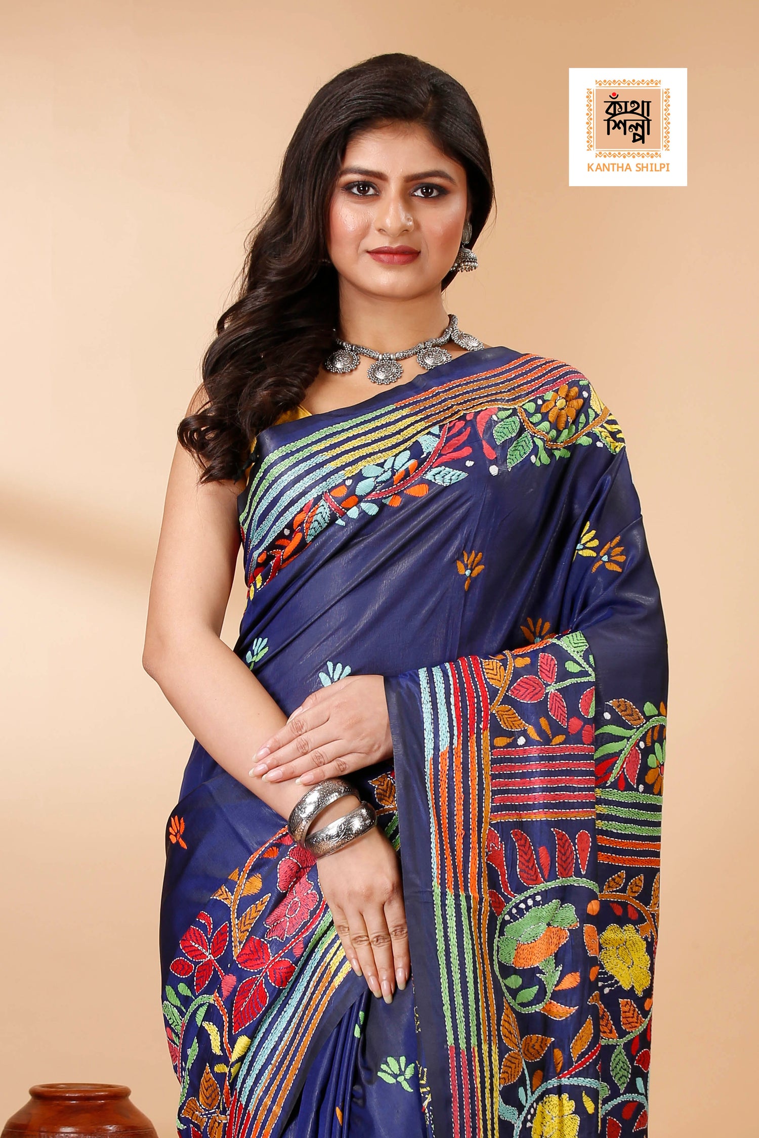 Bangalore Silk Multicolor Thread Work Floral Motif Kantha Stitch Saree
