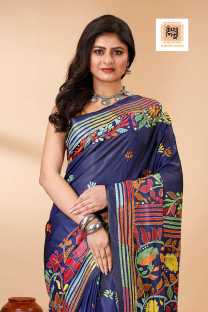 Bangalore Silk Multicolor Thread Work Floral Motif Kantha Stitch Saree