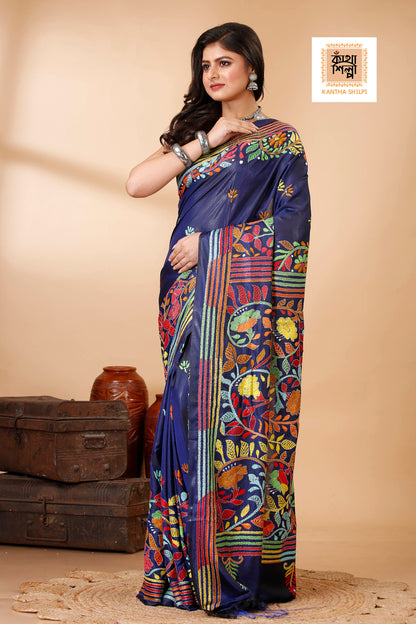 Bangalore Silk Multicolor Thread Work Floral Motif Kantha Stitch Saree