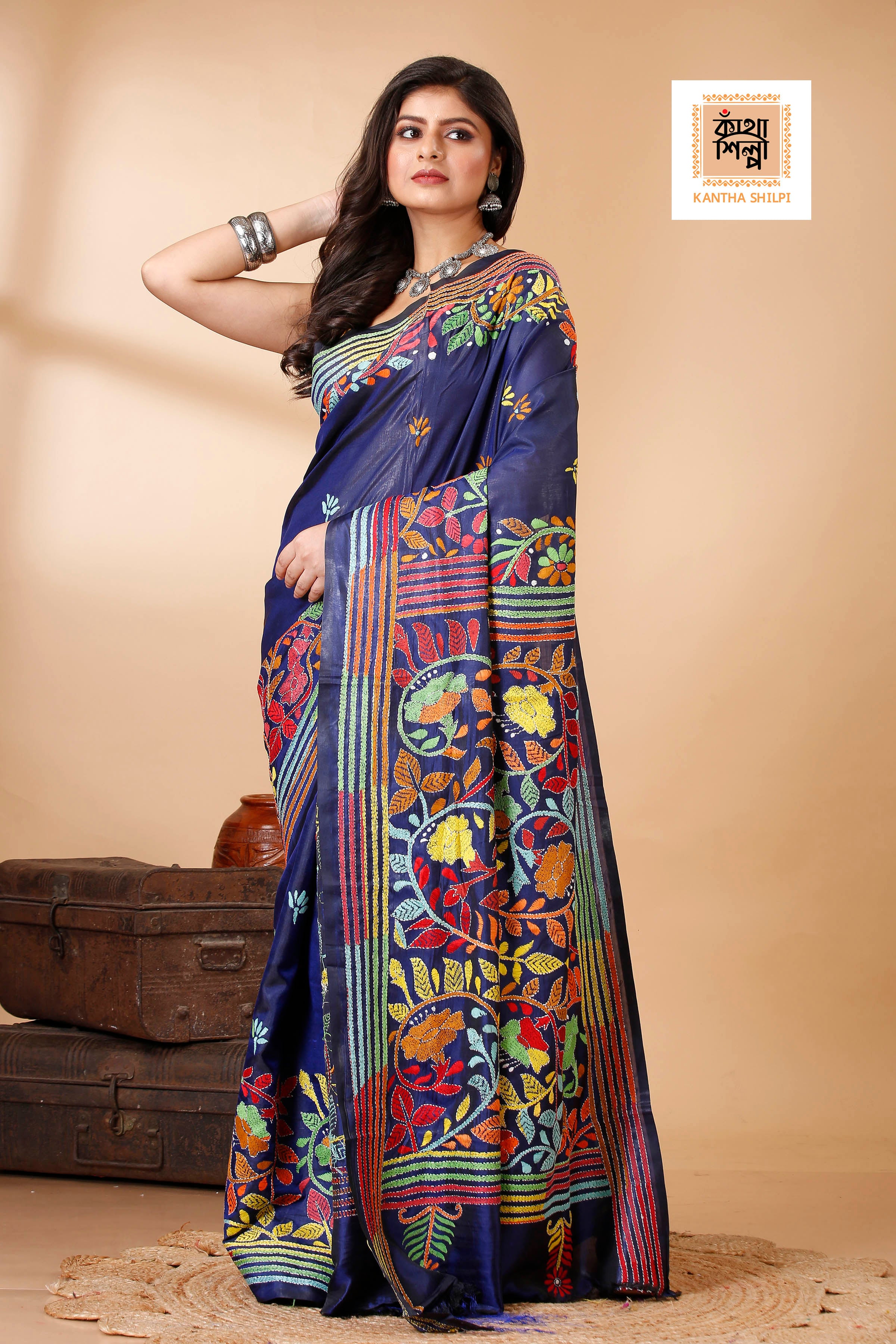Bangalore Silk Multicolor Thread Work Floral Motif Kantha Stitch Saree