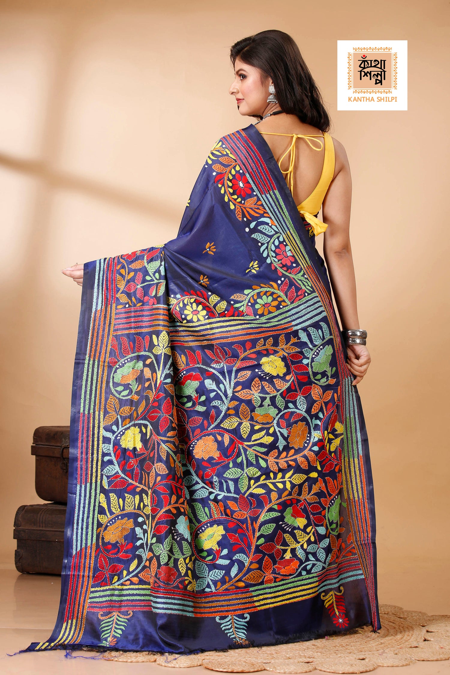 Bangalore Silk Multicolor Thread Work Floral Motif Kantha Stitch Saree