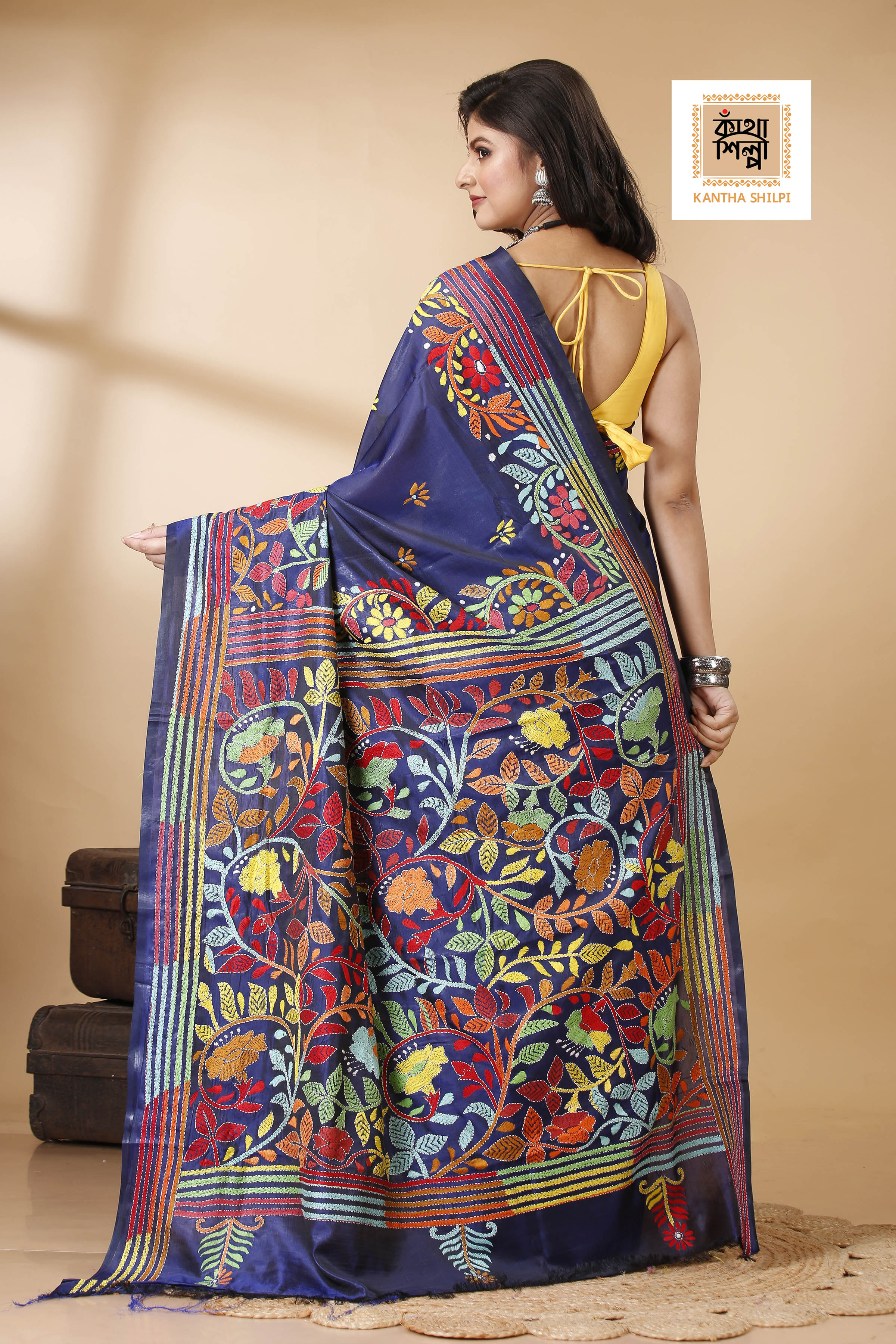 Bangalore Silk Multicolor Thread Work Floral Motif Kantha Stitch Saree