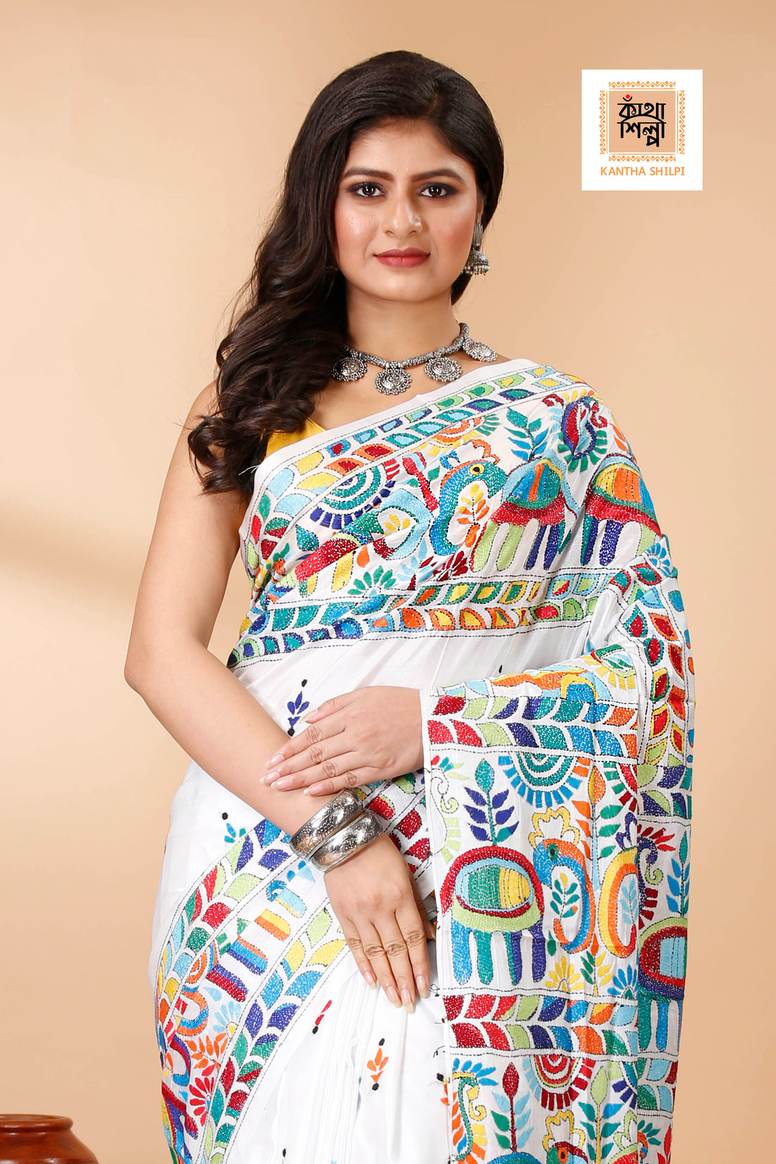 Bangalore Silk Multicolor Thread Work Elephant Motif Kantha Stitch Saree